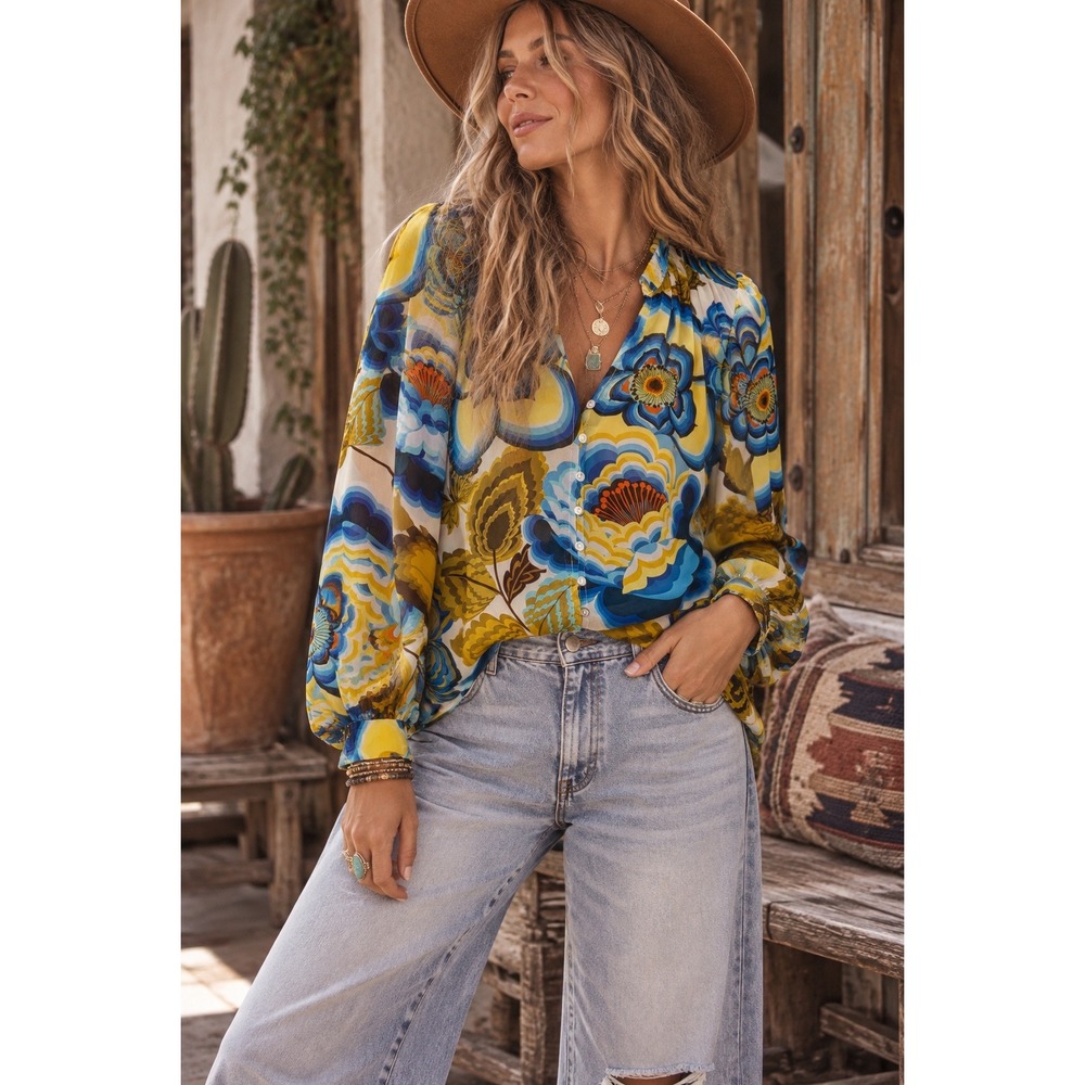 Fig + Flower Womens Blue Yellow Floral Button Front Balloon Sleeve Blouse S NEW